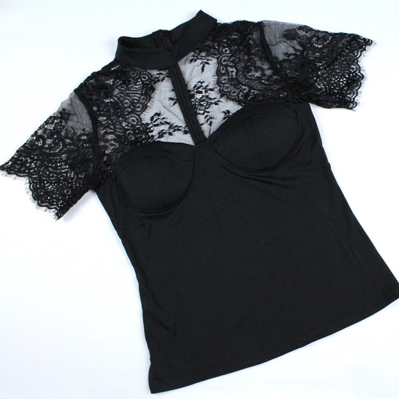 Keyhole Sweetheart Neckline Lace Detail Black Top - Picture 6 of 8